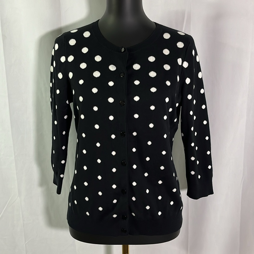 Talbots Black & White Polka Dot 3/4 Sleeve Button Front Cardigan